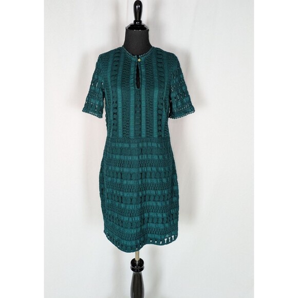 H&M Dress 12 Women's Green Drop Waist Lace Short Sleeve Sheath Keyhole Neckline - Picture 1 of 8